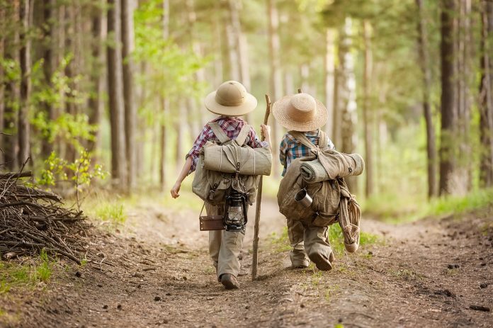 dwaj mali chłopcy idą do lasu