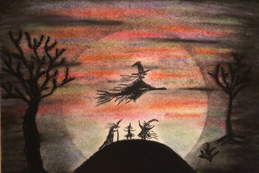rysunek czarownic na miotle na sabacie na łysej górze