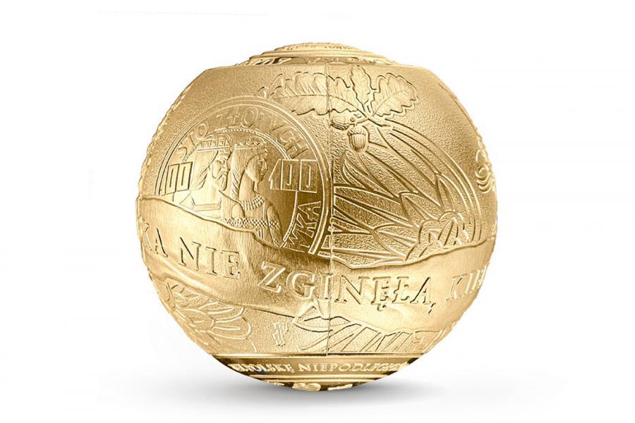 Złota moneta w kształcie kuli o nominale 2018 zł na stulecie niepodległości